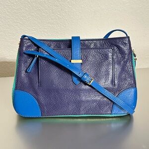 Tory Burch Pebbled Leather Colorblock Expandable Crossbody Bag Blue Purple Gold